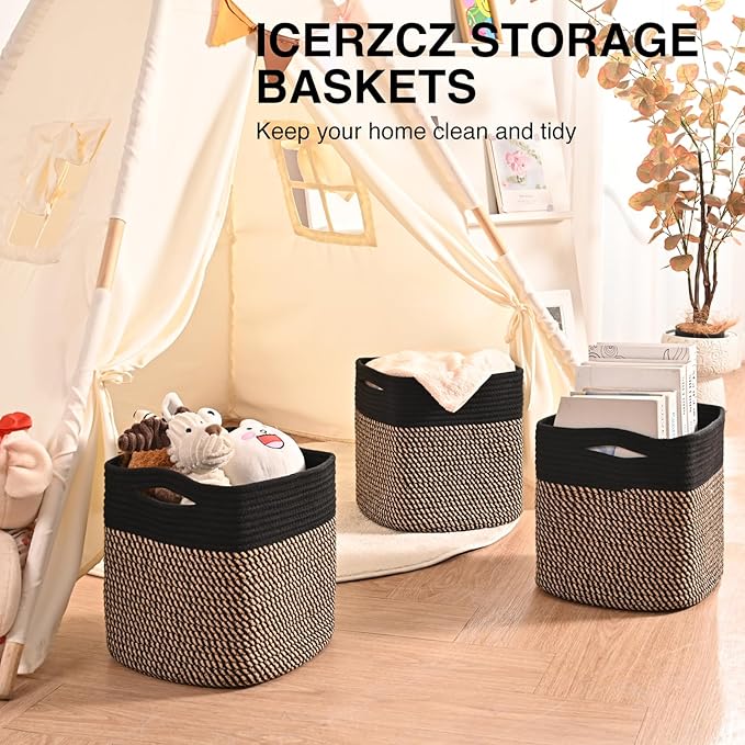 11 Inch Cube Storage Bins, Storage Cube Organizer Bins, Woven Cotton Rope Baskets for Storage, Storage Basket for Organizing Shelves, Square Baskets for Toys Nursery, Black & Jute (Pack of 3)-CasaMuseHome