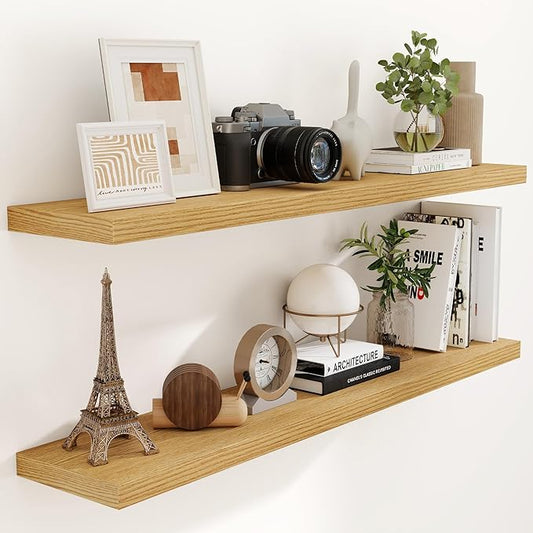 55 Inch Floating Shelves Set of 2, Rustic 55 x 9 Floating Shelf for Wall, 9 Inch Deep Wall Shelves Invisible Bracket, Large Deep Shelving for Bedroom, Kicten, Living Room, Oak Color-CasaMuseHome