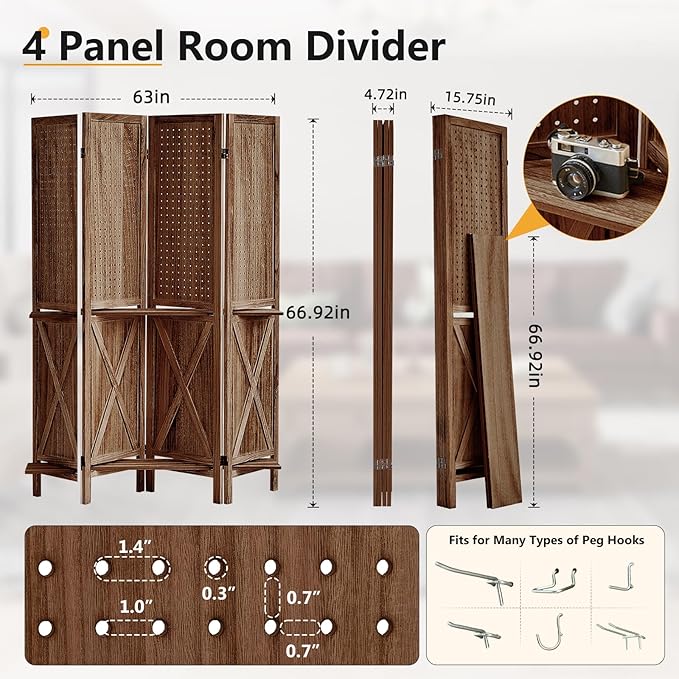 4 Panel Pegboard Display with 16 Hooks, Wooden Pegboard Room Divider Wall with Shelf, Rustic Room Dividers and Folding Privacy Screens, Bedroom, Jewelry Store, Brown-CasaMuseHome