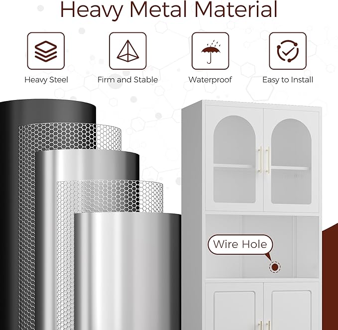 75" Tall Kitchen Pantry Cabinet, Metal Storage Cabinets with Acrylic Doors and Adjustable Shelves, Hutch Cabinet with Storage, White Microwave Stand Cabinets for Dining Living Room-CasaMuseHome