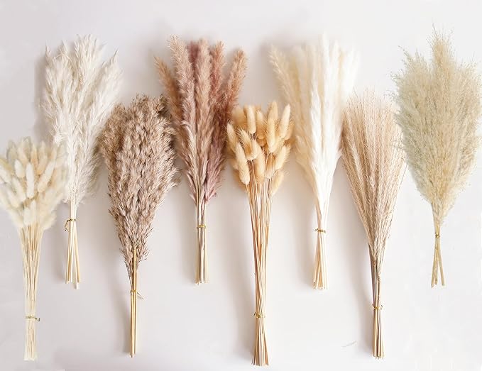 130 PCS Dried Pampas Grass Bouquet, Boho Table Decor, Bunny Tails Dried Flowers, Brown Pampas, Fluffy Pompas, White Pampas Grass for Weddings, Home Decor, Rustic Parties, and Baby Shower Decorations-CasaMuseHome