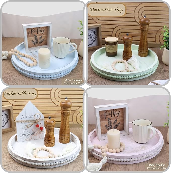 Round Burnt Wood Serving Tray with Beads, Wooden Decorative Tray for Entertaining, Decoration, and Gifting,-CasaMuseHome