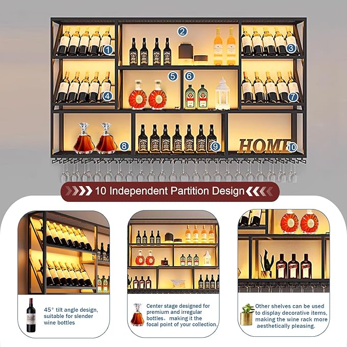 51Inch Wall Mounted Wine Rack, 3 Tiers Large Bar Shelves with 12 Glass Holder, Metal Wine Bottle Display Shelf, Modern Iron Liquor Shelf, for Kitchen Dining, Home Bar, Cellar (51.1" W)-CasaMuseHome