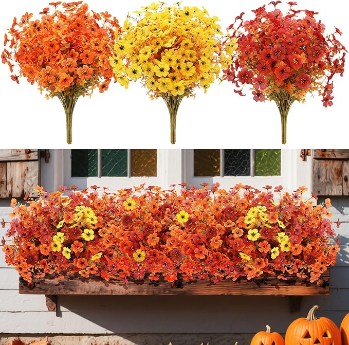 12 Bundles Artificial Fall Flowers Faux Mums for Outdoor Indoor, Artificial Plants Daisy Faux Plants Fake Mums for Fall Decor Pots Patio Garden Porch Autumn (Orange，Brown，Yellow) (12)-CasaMuseHome