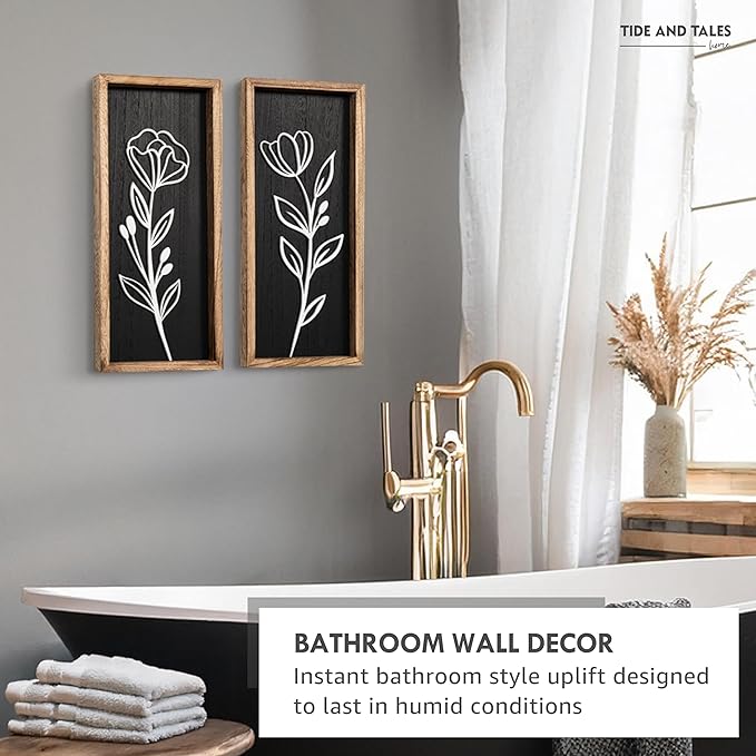 3D Vintage Black Living Room Decor (Set of 2) Lightweight, Wooden Ready-to-Hang Framed Moody Floral Wall Art for Bathroom, Bedroom or Office - Dark Textured Boho Farmhouse Wall Decor - Gift-Boxed-CasaMuseHome