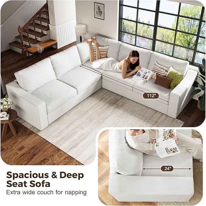 112" Modular Sectional Sofa, Large 7 Seater L Shaped Couch with Detachable Sofa Cover, Movable Ottoman, Deep Seat Corner Couch for Living Room, Apartment - Linen Fabric, Ivory-CasaMuseHome