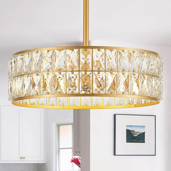 16” 4-Light Modern Crystal Chandeliers Gold Dinning Room Light Fixture, Round Pendant Light Kitchen Island Chandelier, Flush Mount Ceiling Light for Living Room Entryway Bedroom Foyer-CasaMuseHome