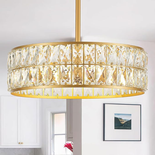 16” 4-Light Modern Crystal Chandeliers Gold Dinning Room Light Fixture, Round Pendant Light Kitchen Island Chandelier, Flush Mount Ceiling Light for Living Room Entryway Bedroom Foyer-CasaMuseHome