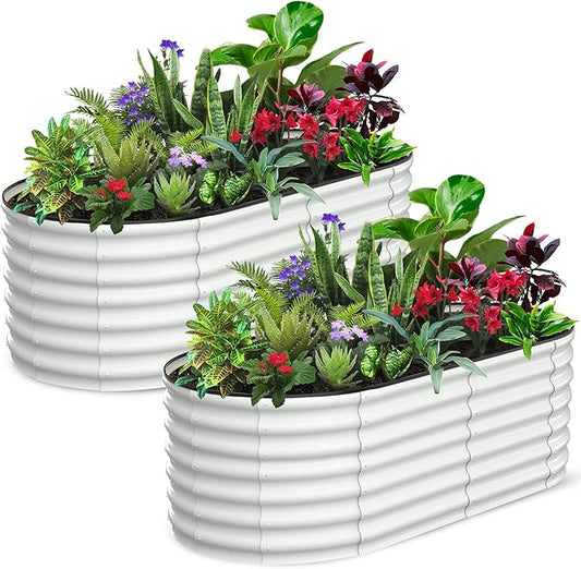 2 Pcs 6x3x2ft Oval Raised Garden Bed, Galvanized Raised Beds,Open-Ended Base Metal Raised Planter Beds,Garden Bed Outdoor,Planter Raised Boxes for Vegetables, Flowers,Tool-Free Asse,White-CasaMuseHome