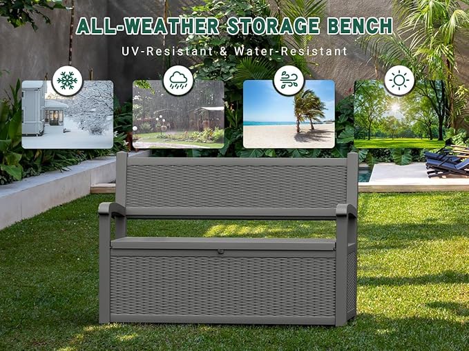 70 Gallon Outdoor Storage Bench Deck Box Lockable for Patio Furniture, Outdoor Porch Bench with Storage Waterproof for Cushions, Garden Tools and Pool Supplies, Grey-CasaMuseHome