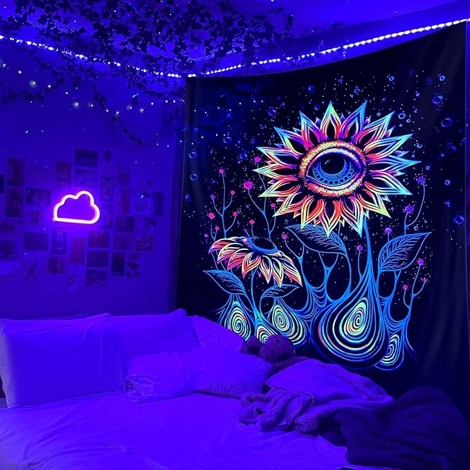 ADDWel Blacklight Sunflower Tapestry, Hippie Eye Tapestry Glow In The Dark, UV Reactive Black Light Upright Posters Wall Hanging for Bedroom Dorm Living Room Backdrop Decor-CasaMuseHome