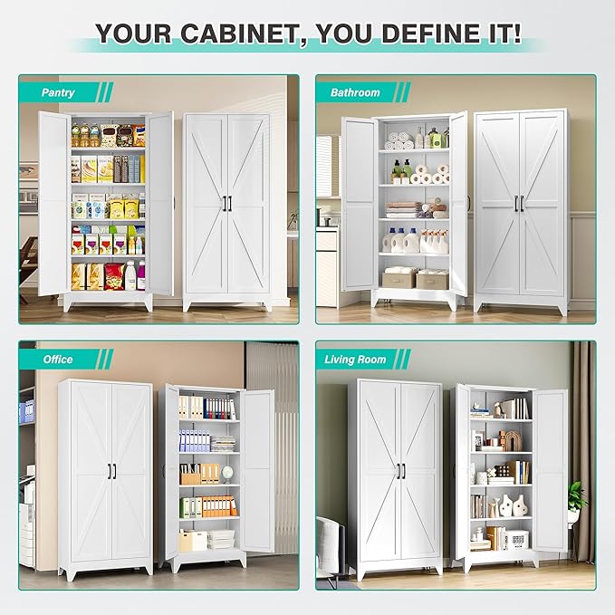 75" Tall Pantry Cabinet,Farmhouse Kitchen Pantry Storage Cabinets with 2 Doors and 5 Shelves,White Metal Storage Cabinet,Large Cupboard for Home,Kitchen,Dining/Living Room-CasaMuseHome