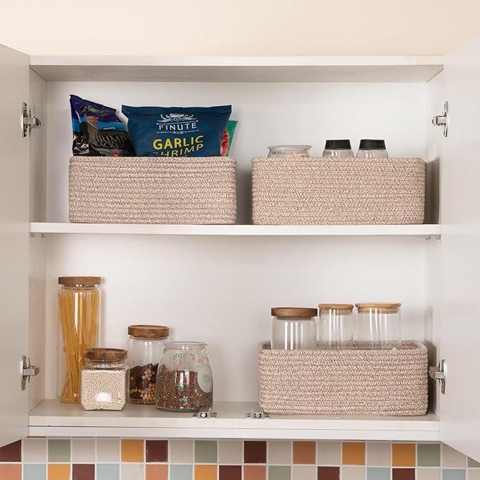 3 Pack Small Storage Baskets for Organizing, Cute Woven Decorative Gift Baskets for Shelves, Mini Closet Organizer Bins with Handles-13''Lx8.66''Wx5.11''H-Brown-CasaMuseHome