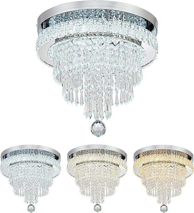 16“ Crystal Chandeliers Round Modern LED Chandelier Light Flush Mount Ceiling Light Fixtures with Remote Control for Bedroom Living Room Dining Room (dimmable)-CasaMuseHome
