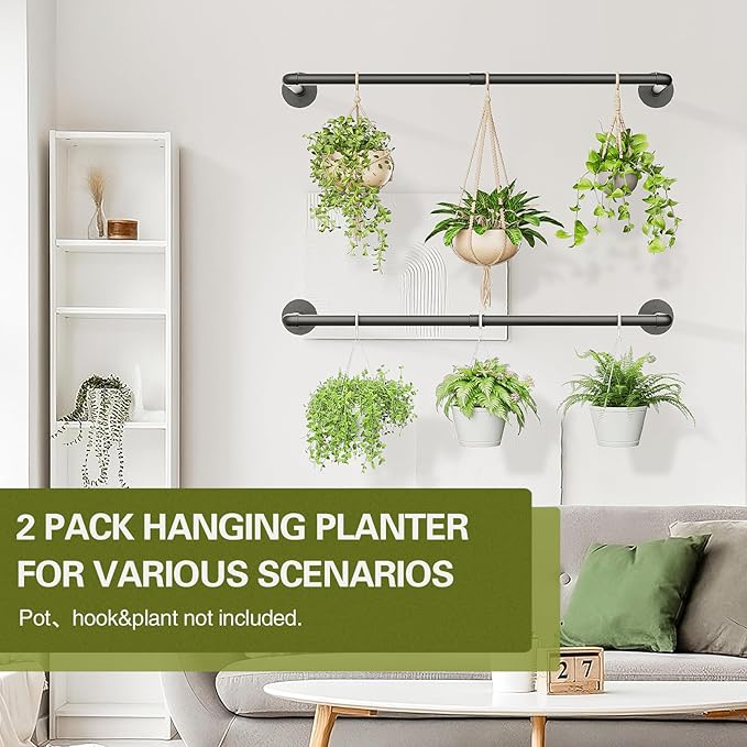 2Pc Hanging Planters for Indoor Plants Plant Hanger Indoor Hanging Plant Holder Black Metal Rod(Pot/Chain/Plant not Included-CasaMuseHome