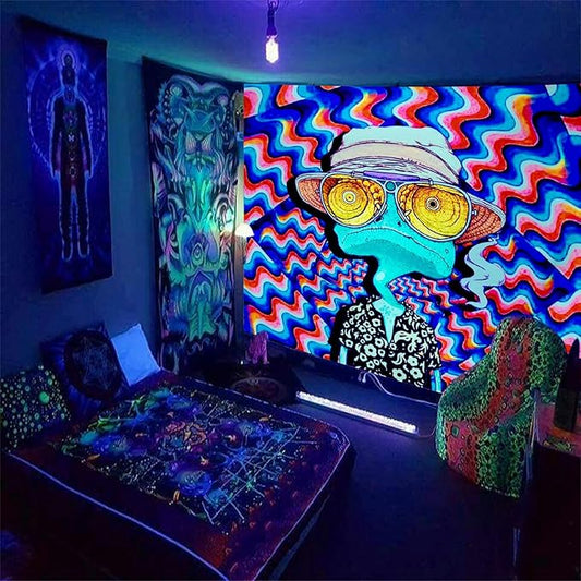 ADDWel Blacklight Frog Tapestry, Hippie Alien Tapestry Glow In The Dark, UV Reactive Black Light Upright Posters Wall Hanging for Bedroom Dorm Living Room Backdrop Decor-CasaMuseHome