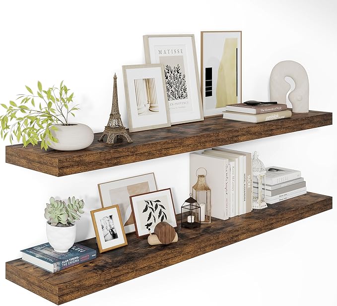 12" Deep Floating Shelves for Wall 48 Inches Long, Heavy Duty Wall Shelves for Bedroom Bathroom Kitchen Laundry Room, Farmhouse Rustic Shelves for Home Decor, 48" X 12" X 2" Set Of 2, Rustic Brown-CasaMuseHome