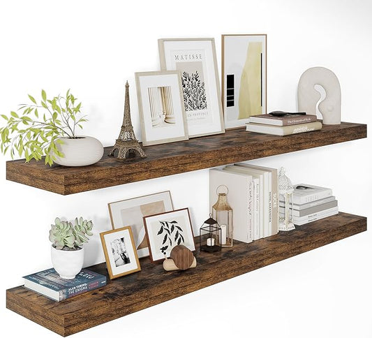 12" Deep Floating Shelves for Wall 48 Inches Long, Heavy Duty Wall Shelves for Bedroom Bathroom Kitchen Laundry Room, Farmhouse Rustic Shelves for Home Decor, 48" X 12" X 2" Set Of 2, Rustic Brown-CasaMuseHome