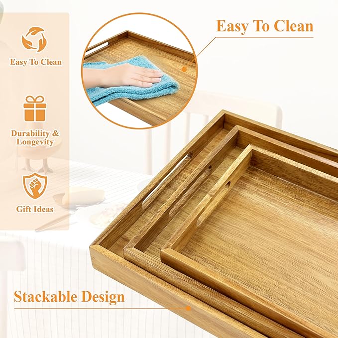 3 Pack Acacia Wood Serving Tray with Handles, Decorative Serving Trays Platter for Breakfast in Bed, Lunch, Dinner, Patio, Ottoman, Coffee Table, BBQ, Party, Great for Lap &Couch (Set of 3)-CasaMuseHome