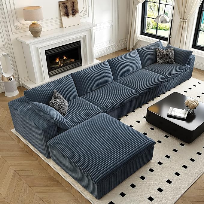 157.5" Cloud Couch Modular Sectional Sofa for Living Room,Modern Sofa with Deep Seat，L-Shape Boneless Couch with Ottoman,Comfy Upholstered Corduroy Couches for Apartment, Studio, Office,Bedroom，Blue-CasaMuseHome