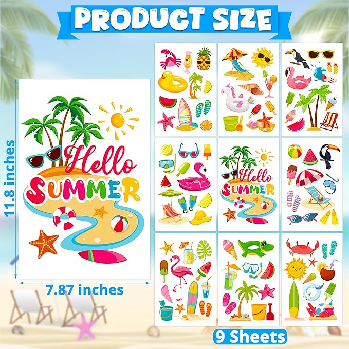 9 Sheets Summer Window Clings, Double Sided Summer Window Clings for Glass Windows, Hello Beach Decals, Sun Watermelon Pattern Stickers for Home Office Accessories Decorations-CasaMuseHome
