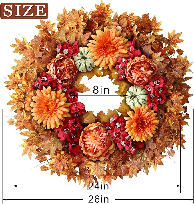 26" Fall Wreath for Front Door - Large Artificial Maple Leaves Fake Silk Peony Faux Pumpkin Outdoor Wreath for Porch, Window,Farmhouse,Home,Thanksgiving Day Harvest Festival Autumn Decor-CasaMuseHome