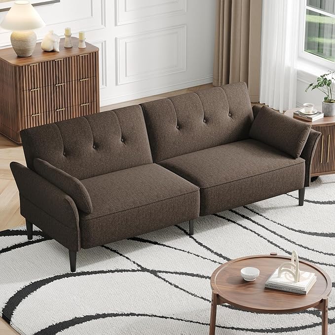89” Futon Sofa Bed, Linen Comfy Futon Couch Bed with 2 Square Pillows, Convertible Sleeper Sofa with Adjustable Backrest& Armrests, Modern Loveseat Sleeper for Living Room, Bedroom, Brown-CasaMuseHome