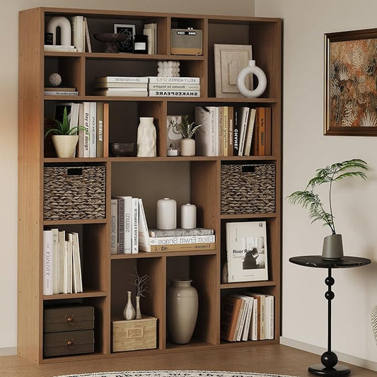 6-Tier Large Open Bookcase 71” Tall Sturdy Wooden Bookshelf with Baskets,Modern Style 16-Cube Home Display Shelf for Bedroom, Living Room（Oak Color）-CasaMuseHome