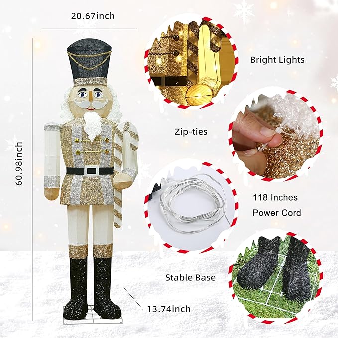 61Inch Nutcracker Christmas Decor Outdoor with LEDs 5 Feet Lighted Large Nutcracker Lighted Christmas Decorations Outdoor with Stakes & Zip Ties for Xmas Yard, Porch, Lawn-CasaMuseHome