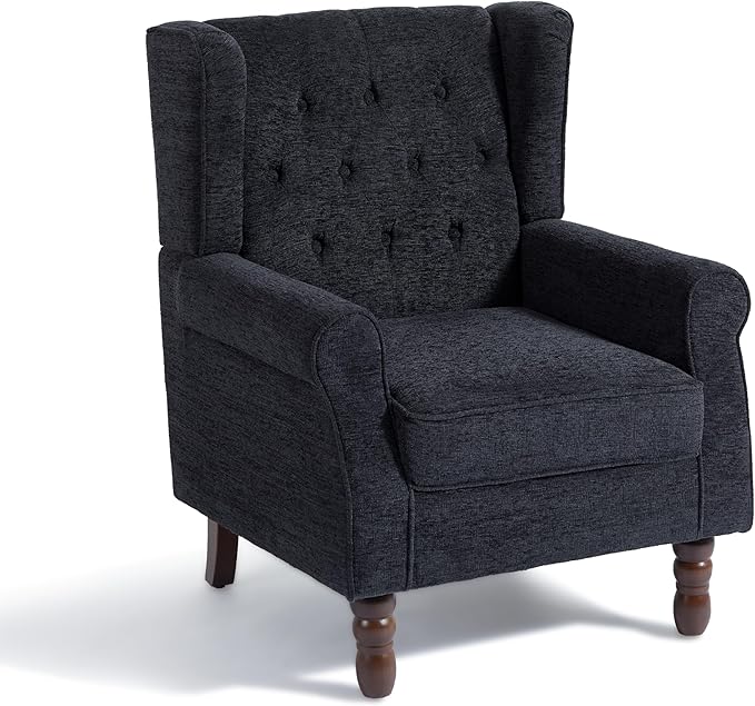 Accent Chair, Upholstered Armchair with Button Tufted High Back & Solid Wood Legs, Comfy Wingback Reading Single Sofa Chair for Small Spaces, Living Room, Bedroom (Blue, Set of 2)-CasaMuseHome
