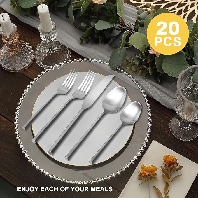 20 Piece Stainless Steel Silverware Set, Handle Flatware, Modern Matte Finish Cutlery Set, Service for 4, Dishwasher Safe-CasaMuseHome