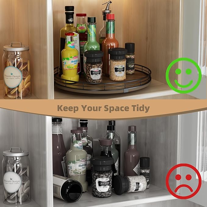 Acacia Wood 13" Lazy Susan Turntable Organizer for Table Top, Farmhouse Round Wooden Lazy Susan for Cabinet Kitchen Centerpieces Coffee Table, for Condiments Spices, Bathroom Vanity Tray Decor-CasaMuseHome