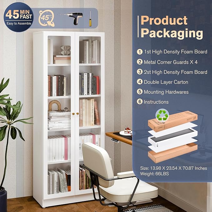 5 Tier Metal Curio Cabinets, Modern Bookshelf Cabinet with 4 Adjustable Shelves, Cabinet Display Case for Home Office, Living Room, Pantry (White-27.5W)-CasaMuseHome