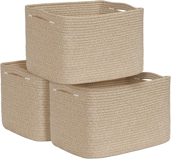 3-Pack Shelf Baskets for Organizing, Woven Storage Basket for Shelves, Cotton Rope Storage Bins for Toys Books, Nursery Towel Baskets for Classroom, 14.96"X9.8"X8.85", Brown-CasaMuseHome