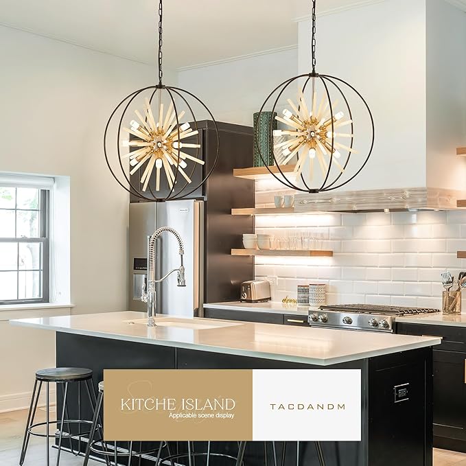 23.6" Black Gold 12-Light Globe Sputnik Chandelier Modern Adjustable Hanging Ceiling Glass Tube Pendant Light Fixture for Entryway Foyer Staircase Dining Living Room Hallway-CasaMuseHome