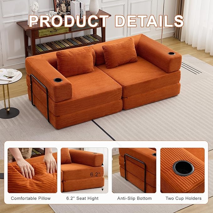 78" W Loveseat Sofa, 4 in 1 Convertible Floor Sofa Bed, Boneless Cloud Couch with Cup Holder, Fold Out Floor Couch, Loveseat Recliner Sleeper for Living Room Bedroom Lounge(Corduroy, White)-CasaMuseHome