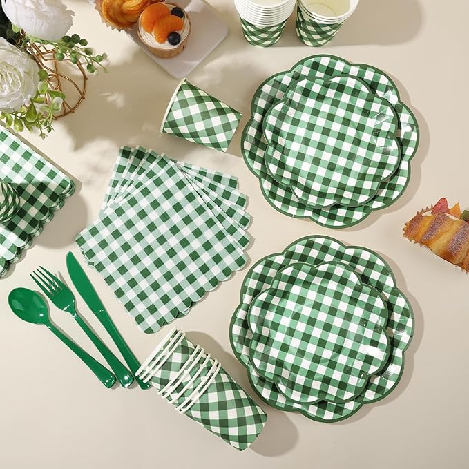 350 Pcs Green Gingham Plates and Napkins Party Supplies - Green and White Checkered Plates Sets Serve 50 Guests - Scalloped Gingham Paper Plate for Birthday Picnic BBQ Golf Party Decorations-CasaMuseHome