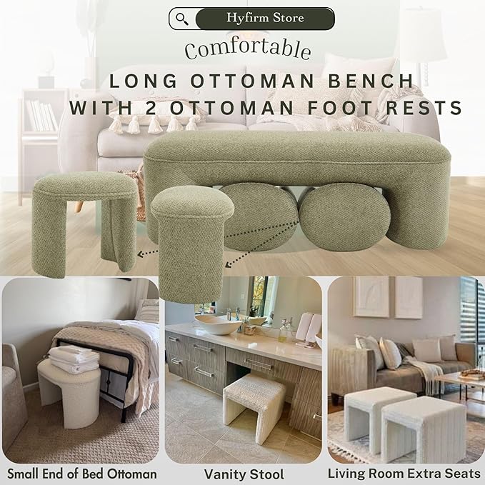 3-Piece 53" Comfy Upholstered Dining Bench with 2 Ottomans, Accent Waterfall Bench Modern End of Bed Entryway Bench Vanity Stool, Green Chenille-CasaMuseHome