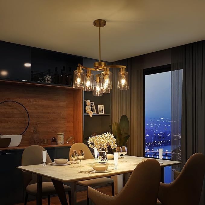 6-Light Gold Chandeliers for Dining Room, Modern Kitchen Island Light Fixtures Over Table, Metal Hanging Pendant Lighting for Living Room Stairwell Entryway Bedroom, Clear Glass Shade-CasaMuseHome