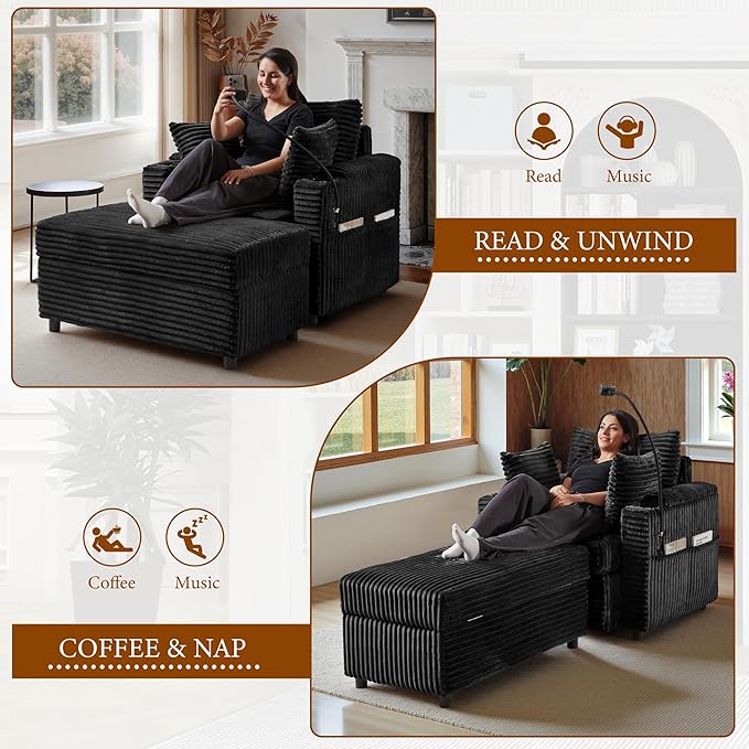 Accent Chair with Storage Ottoman Upholstered Living Room Chairs for Reading Chair with Chaise Lounge Chairs Indoor, Comfortable Armchair for Bedroom-CasaMuseHome