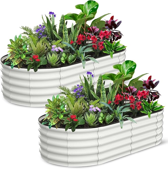 2 Pcs 6x3x1.5ft Oval Raised Garden Bed, Galvanized Raised Beds,Open-Ended Base Metal Raised Planter Beds,Garden Bed Outdoor,Planter Raised Boxes for Vegetables, Flowers,Tool-Free Asse,White-CasaMuseHome