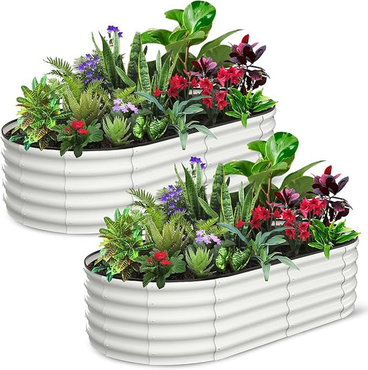 2 Pcs 6x3x1.5ft Oval Raised Garden Bed, Galvanized Raised Beds,Open-Ended Base Metal Raised Planter Beds,Garden Bed Outdoor,Planter Raised Boxes for Vegetables, Flowers,Tool-Free Asse,White-CasaMuseHome