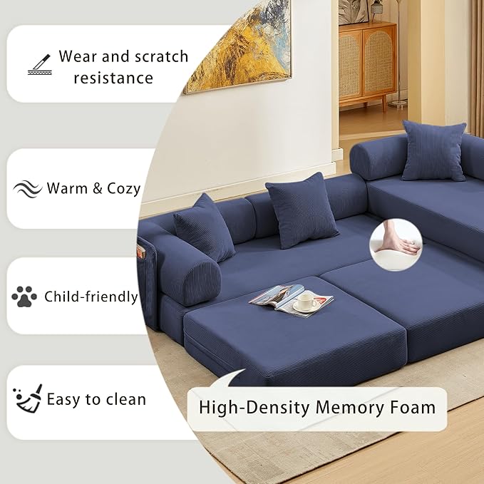 107" Oversized Convertible Sleeper Sofa Bed, Corduroy L Shape Sectional Couch, Folding Sofa Bed with Side Pocket, Modern Cloud Floor Mattress Couch,Modular Sofa for Living Room,Dark Blue-CasaMuseHome