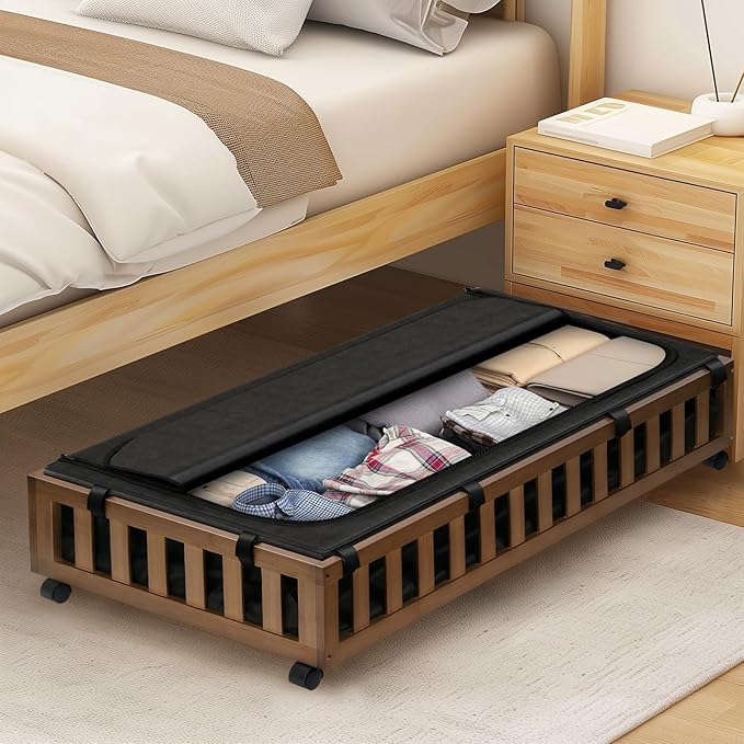 2 Pack Bamboo Under Bed Storage with Wheels, 39”x20”x7.8” Lager Under Bed Storage Containers (Brown)-CasaMuseHome