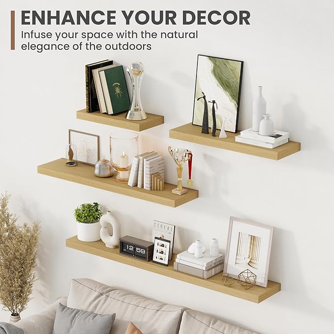 16 Inch Floating Shelves, 8 Inch Deep Floating Shelves for Wall, Hanging Shelf with Invisible Brackets, Deep Shelves for Bathroom, Bedroom, Living Room, Oak, Set of 2-CasaMuseHome