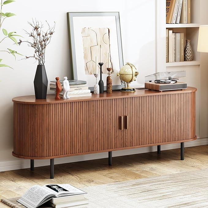 63" TV Stand with Power Outlet, Modern Media Console with Sliding Doors, Entertainment Center for TVs up to 60 Inch, Adjustable Shelves, Walnut-CasaMuseHome