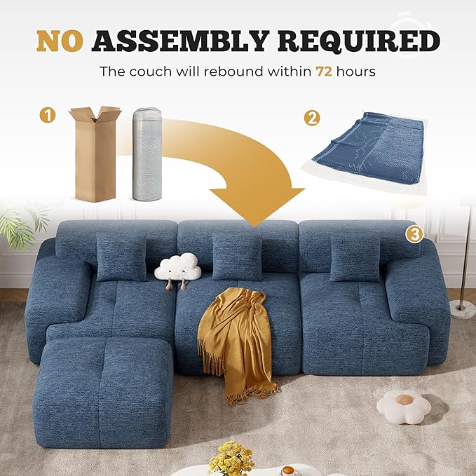 122" Modern L Shaped Modular Sectional Sofa, Boneless Couches for Living Room with Ottoman,4 Seater Convertible Chenille Cloud Couch Sofa Set, No Assembly Required, Blue 1 PCS-CasaMuseHome