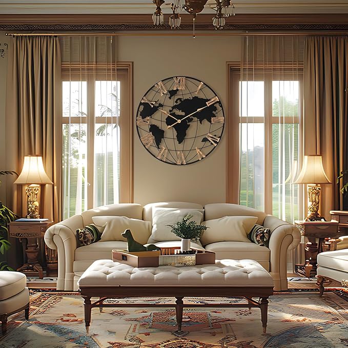 36 Inch Extra Giant Oversized Black Metal Wall Clock,Large Modern Decorative Silent World Map Wall Clock with Vintage Gold Roman Numeral for Living Room,Entrance Fireplace,Dining Room Decor-CasaMuseHome