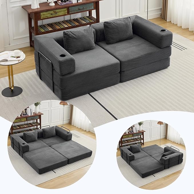 78" W Loveseat Sofa, 4 in 1 Convertible Floor Sofa Bed, Boneless Cloud Couch with Cup Holder, Fold Out Floor Couch, Loveseat Recliner Sleeper for Living Room Bedroom Lounge(Corduroy, White)-CasaMuseHome