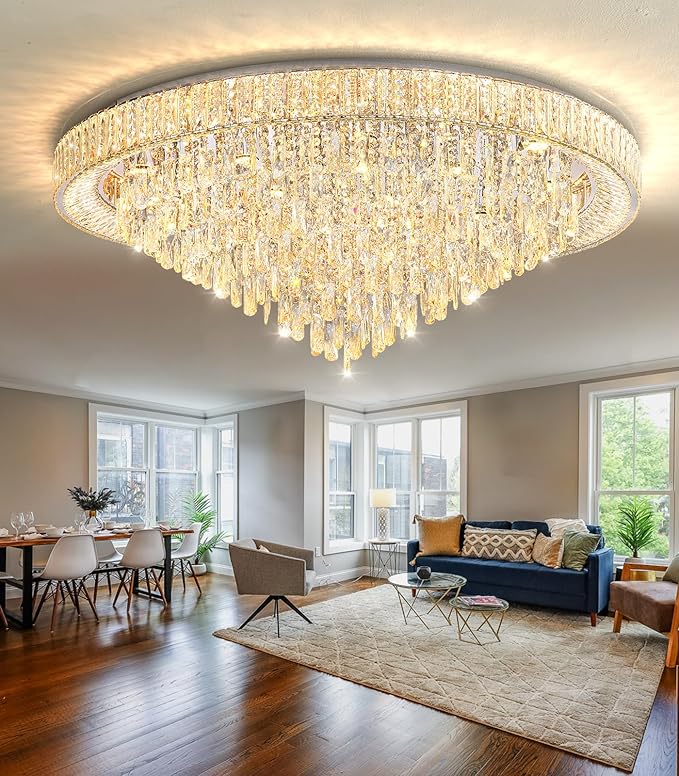 47'' Modern Chandeliers LED Dimmable Crystal Flush Mount Ceiling Chandeliers for Living Room High Ceiling Entrance Foyer Lobby Bedroom Silver-CasaMuseHome